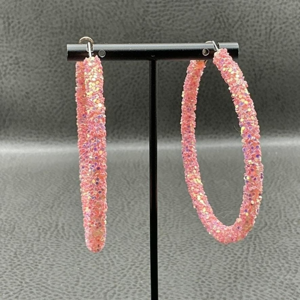 Earrings Pink‎ Iridescent Beaded Hoop Large Statement Womens Fashion Jewelry 3"